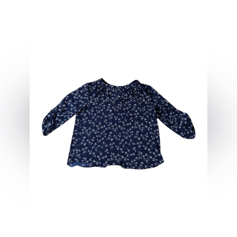 41 Hawthorn Womens XL Peasant Blouse Split Neck Floral Long Sleeve Navy Blue